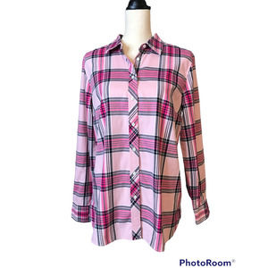 Talbots Button-up Shirt with Pink and Black Plaid, Size Medium
